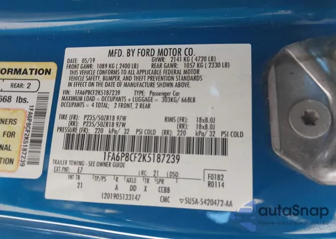 2019 Ford Mustang Gt z USA, uszkodzony, nr VIN 1FA6P8CF2K5187239